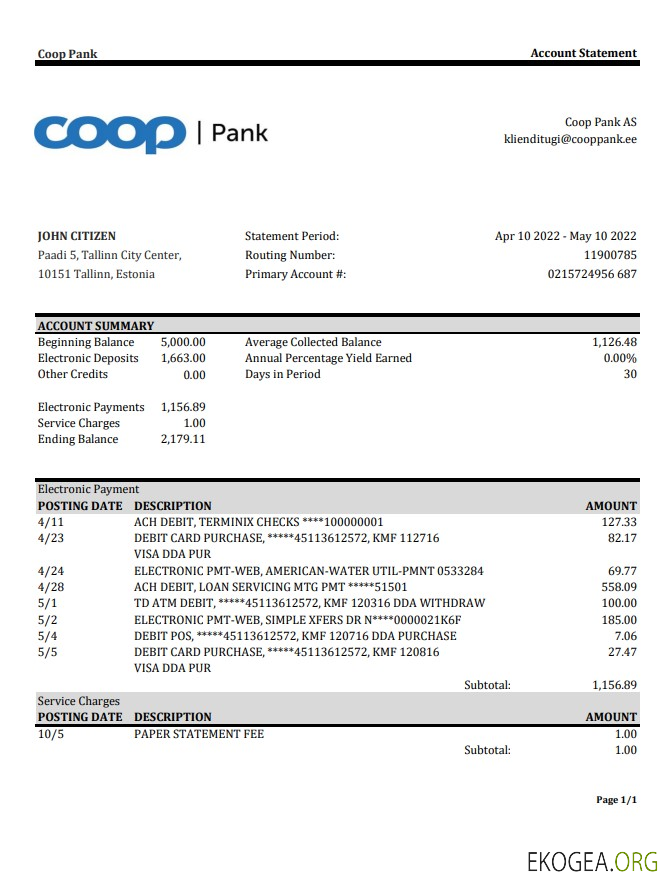 Relevé bancaire Estonie Coop Pank